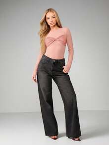 MISSGUIDED Mono de manga larga con cuello redondo, ajustado, con panel frontal retorcido y remaches termoadhesivos - Rosa - Ver 3