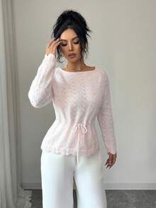 Rafferiza Women's Hollow Out Drawstring Knit Pullover Sweater Knit Tops Knit Top Women Lace Long Sleeve Sweater Sets For Women Knit Two Piece Set - Pink - View 6