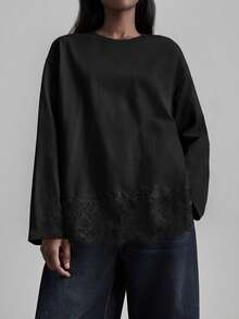 Ontre Blusa de manga larga con dobladillo de encaje, básica de negocios casuales urbanos, elegante camisa de verano, adecuada para salidas, Día de San Valentín, Negro - Negro - Ver 4