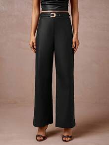Lumalex Women's High Waist Straight Leg Pants With Faux Leather Belt - Black - View 4