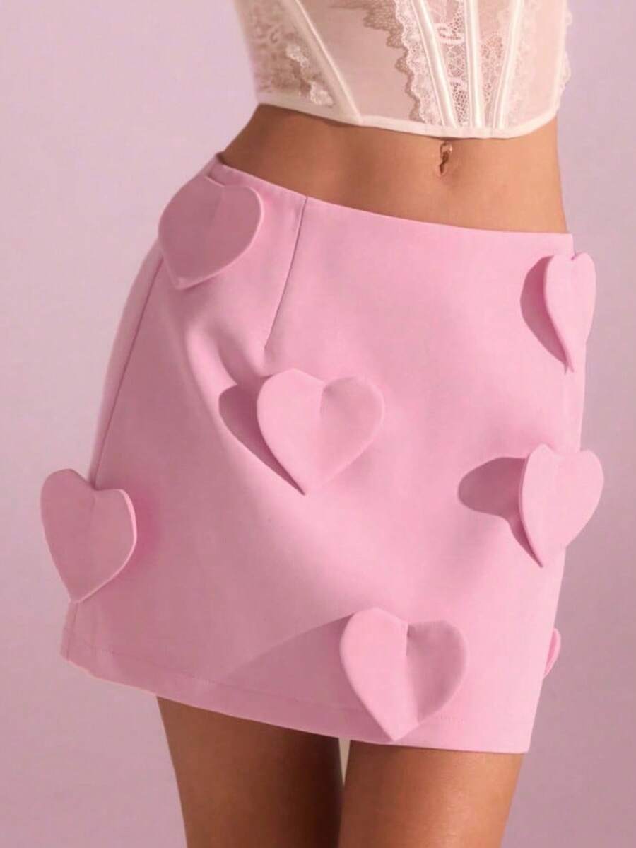 SHEIN Glamour 女士粉色编织3D爱心浪漫优雅百搭A字裙 - 粉色 - 查看 1