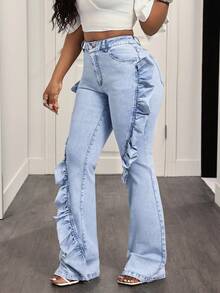BamGleam Quần jeans ống loe nữ thời trang thường ngày, có túi, phối họa tiết, xếp ly và gấu quần. - Màu xanh lam - Xem 3