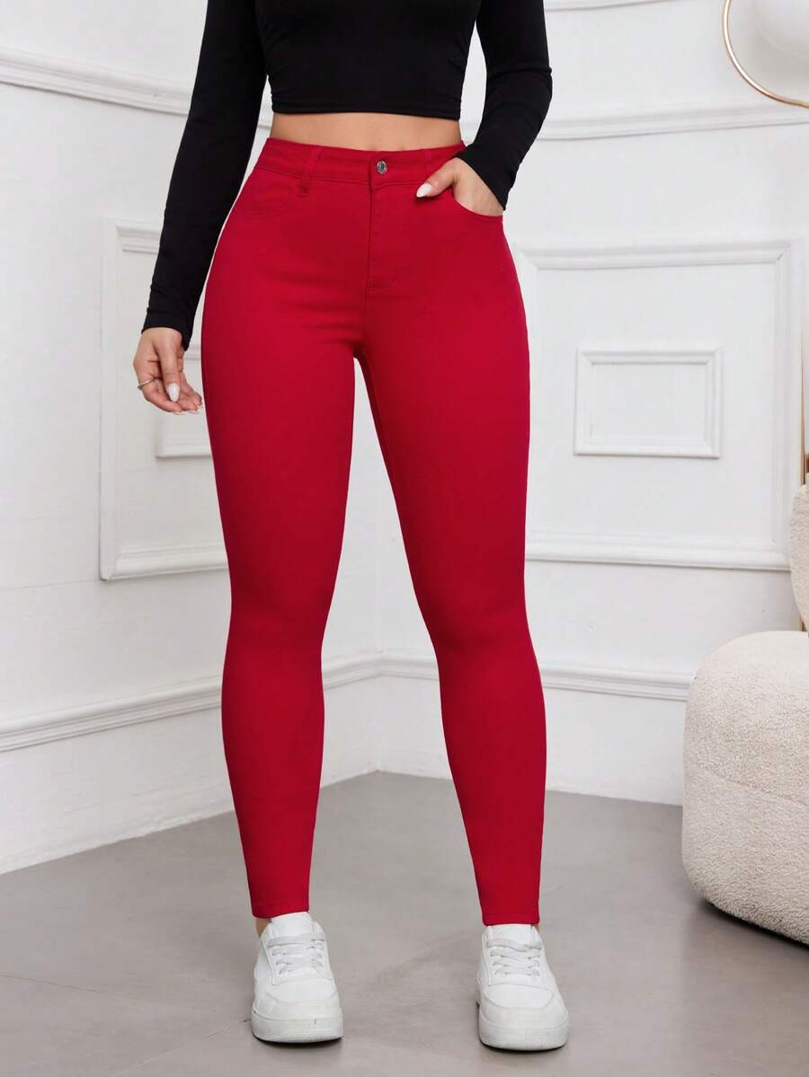 Rivivi Women's Solid Color Casual Denim Jeans - Red - View 1