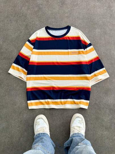 SWAVVY 男士宽松短袖T恤，休闲醒目的条纹印花，适合日常穿着和居家休闲。