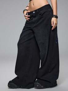 ROMWE Grunge Punk Quần jean ống đứng Punk Distressed Cross & Vine Washed Plus Size dành cho nữ - màu đen - Xem 4