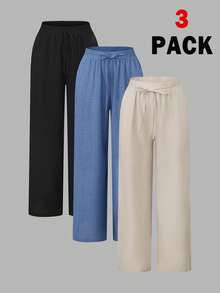 SHEIN Essnce Plus-Size Women's Spring/Summer Fashion Casual Loose Comfortable Everyday Basic Versatile Slimming Elastic Waist Wide-Leg Pants In Multiple Colors 3 Pack,Base Pants,Women Bottom,Simple Style,Baggy Pants,European Summer Women Wide Leg Pants Loose Pants For Women Elastic Waist Pants Summer Pants Spring/Summer Pants For Women Casual Vacation Pants For Women - Multicolor - View 1