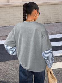 Muchica 女士新款灰色拼接蓝色条纹圆领宽松长袖T恤，春夏款 - 灰色 - 查看 2