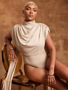 Body de cuello alto con drapeado frontal, cintas en los hombros y tela jersey color marfil - Blanco - Ver 5