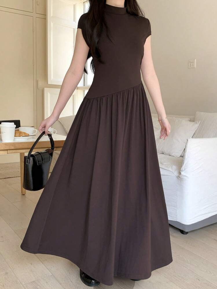 brown teen dress Girls Knit Stand Collar Short Sleeve Casual Fitted A-Line Simple Long Dress Elegant Dress The dress is available
