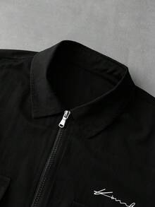 PAVTROS Men's Letter Print Turndown Collar Zip-Up Casual Commuter Short Sleeve Shirt - Black - View 5