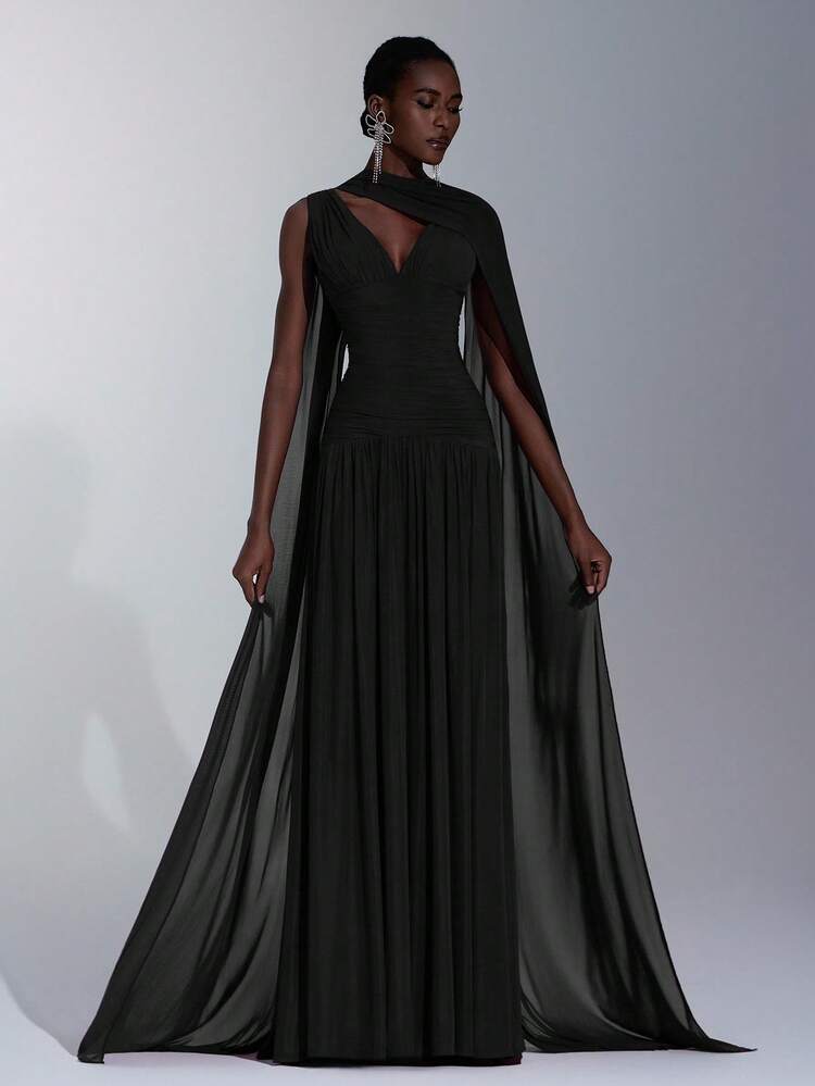 Elitara Elegant Black Winter Evening Formal Burgundy Glossy Mesh V-Neck Ruched Super Flared A-Line Skirt,Detachable Halter Chiffon Flounce Bridesmaid Dress