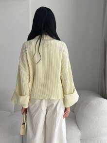 Solavon 女士纯色落肩长袖单排扣休闲宽松衬衫 - 鵝黃色 - 查看 6