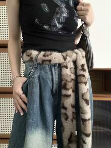 ROMWE J-Fashion 1 pieza Accesorio de vestido/jeans con decoración de flecos y lazo en la cintura con estampado de leopardo y pelaje para mujer, versátil para uso diario - Pelo corto con estampado de leopardo blanco - Ver 6