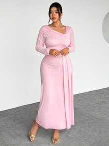 Firerie Đầm nữ cỡ lớn dáng suông, vạt bất đối xứng, xếp ly vai, kiểu dáng thanh lịch, tay dài, ôm xòe, phù hợp cho mùa xuân, hè, thu và đông. - Hồng - Xem 9