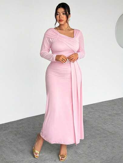 Firerie Plus Size Women's Asymmetrical Hem Ruched Shoulder Casual Dress, Elegant Long Sleeve Fit & Flare Dress Suitable For Spring, Summer, Autumn And Winter