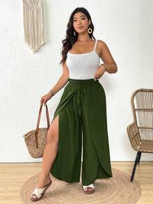 SHEIN Frenchy 大码女式纯色腰带开衩阔腿裤，橄榄绿阔腿裤，适合海滩度假，春季女式下装 - 墨綠色 - 查看 5