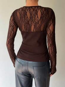 Siren Gaze 女士优雅蕾丝拼接薄纱衬衫，秋冬款 - 棕色 - 查看 2