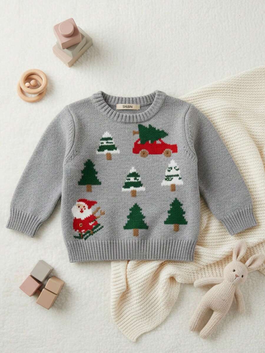 Suéter navideño para niño color gris con divertido diseño de coche, árboles de Navidad y detalles festivos, tejido suave y cálido ideal para invierno. Perfecto para fiestas, fotos, regalos y crear looks originales en la temporada navideña. Fácil de combinar y cómodo. - Gris - Ver 1