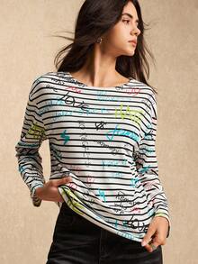 Easelle 女士字母条纹印花圆领休闲宽松长袖T恤 - 彩色 - 查看 1