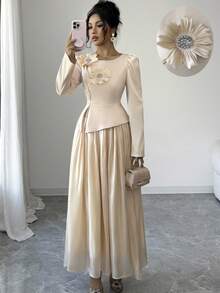 Modelyn Apricot 3D Floral Jacquard Top + Glossy Fabric Skirt 2 Pieces Set - Apricot - View 8