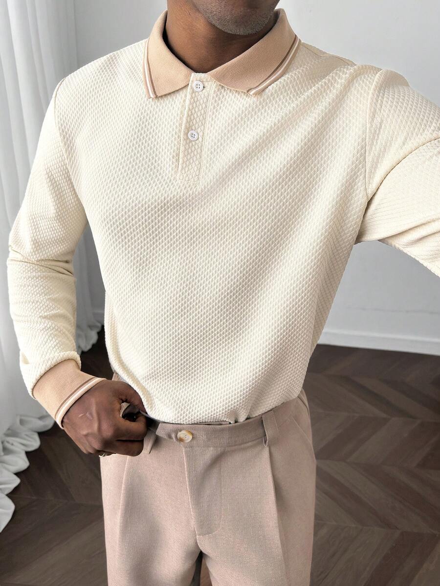 HUEFORM 男士 Ole Money 长袖纹理面料撞色 Polo 衫，适合外出和通勤穿着，杏色针织 Polo 衫，纽扣款 - 杏色 - 查看 1