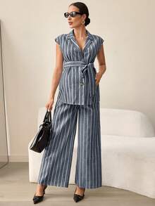 MaterniWear Maternity Wear, Maternity Dresses, Elegant Commuting/Office Attire, Summer Dark Gray Striped Collared Single-Breasted Shirt And Wide-Leg Trousers Casual Set, Adjustable Elastic Waistband, Pure Cotton Maternity Wear, Two-Piece Set, Casual Two-Piece Set, Women's Summer Two-Piece Set. - Grey - View 7