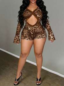 Slaydiva 2026 Spring, Summer, Autumn New V-Neck Long Sleeve Waist Cutout Splice Ruffle Collar Brown Leopard Print Bodysuit, Suitable For Halloween, Birthday Party, Daily Wear, Casual, Cruise Travel, Trending, Sexy Club, Plus Size Women