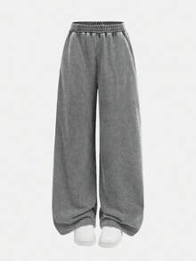 SHEIN Conjunto de camiseta de cuello redondo de manga corta ajustada y pantalones holgados de pierna ancha de punto para niña preadolescente - Gris - Ver 5