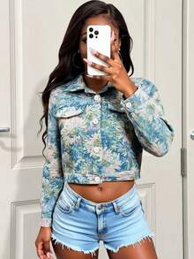 BamGleam Áo khoác ngắn Blue Daisy Jacquard, ve áo đơn hàng khuy, phong cách công sở thường ngày, áo thun nữ dáng ôm họa tiết hoa nhỏ xinh xắn khi đi làm - Màu xanh lam - Xem 7