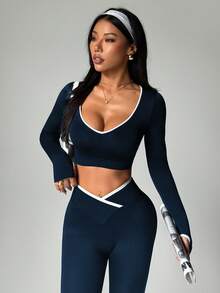 SHEIN Dewbera Bộ đồ thể thao liền mạch màu tương phản 2 món cho nữ - Nhiều màu - Xem 6