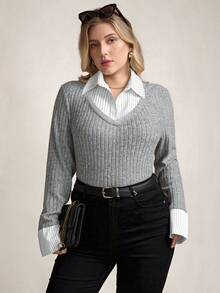 Zelara T-shirt à manches longues côtelé 2 en 1 pour femmes grandes tailles, décontracté pour femmes, pour l'hiver, pour femmes, Aïd Al-Adha, vacances de printemps - Gris - Voir 1
