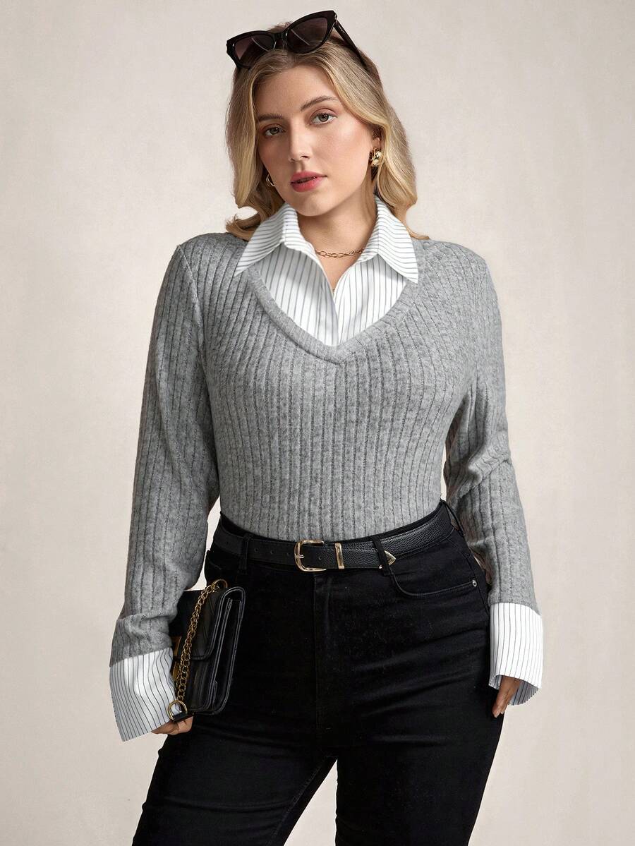 Zelara T-shirt à manches longues côtelé 2 en 1 pour femmes grandes tailles, décontracté pour femmes, pour l'hiver, pour femmes, Aïd Al-Adha, vacances de printemps - Gris - Voir 1