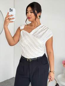 SHEIN Privé Plus Size Women Solid Color Frill Trim Asymmetric Neck Fashion T-Shirt White Elegant Top Draped Top Textured White Top Sleeveless Top - Beige - View 5