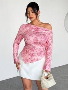 Firerie 大码女式优雅浪漫扎染印花长袖不对称下摆T恤 - 粉色 - 查看 4