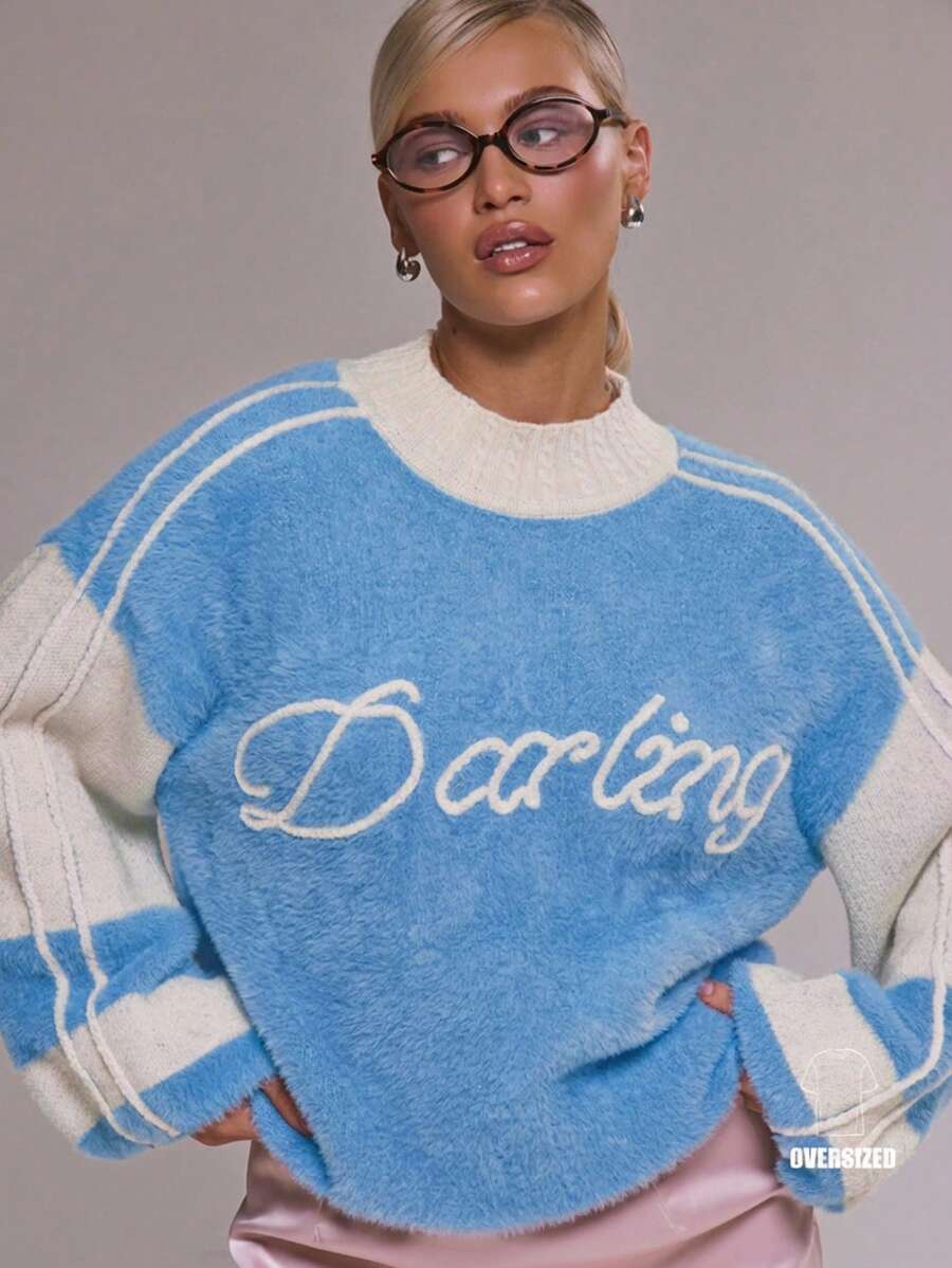 MUSERA 宽松针织撞色印花“Darling”套头衫，冬季可爱休闲舒适樱桃漆皮春季款 - 藍色 - 查看 1