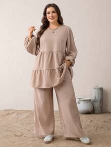SHEIN Essnce Plus-Size Women's Spring/Summer Fashion Casual Loose Comfortable Everyday Textured Fabric Long-Sleeved Babydoll Shirt And Wide-Leg Pants Khaki Two Pieces Set,Spring Outfits,Pants Set Co Ords Sets Women Comfortable Two Piece Set Modest Two Piece Set Blouse And Pants Set Spring Casual Outfit Women Spring Set For Women - Khaki - View 3