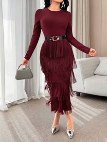 Modelyn Elegant Tassel Decor Solid Color Round Neck Long Sleeve Fitted Dress For Women Maroon Dress Fringe Dress Red Wine Dress Long Sleeve Elegant Dress - Burgundy - View 7
