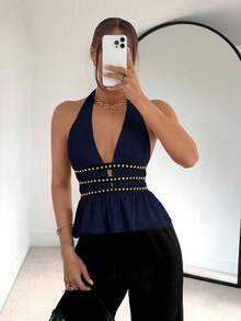 Siren Gaze Summer New Rivet Waist Design Halter Top For Women - Navy Blue - View 6