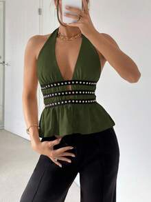 Siren Gaze Nuevo top halter de verano con diseño de cintura con remaches para mujeres - Verde militar - Ver 4