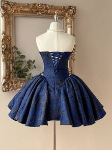 Lovelzi 优雅奢华的红色提花织物手工珍珠装饰甜心领复古腰线A字短款女士正式晚礼服 - 藏蓝色 - 查看 2