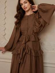 Aveloria Rosie Nuevo vestido largo de manga farol de mujer para otoño/invierno, de color café sólido brillante de gasa holgada, cuello redondo versátil, volantes en el bajo, manga larga fluida