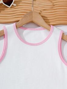 SHEIN Explorewe 2pcs/Set Tween Girls White Tank Top And Khaki Pants, Casual Style - Pink - View 3