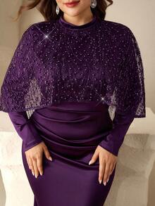 Coutiva Plus Size Elegant Long Sleeve Embroidered Cape With Pearl Rhinestone Design Hem Mermaid Skirt With Side Draping Design Suitable For Mother Of The Bride Dress, Wedding Guest Dress, Formal Dinner Dress Valentines Dress Elegant Dress Sequin Dress Floral Dress - Purple - View 7