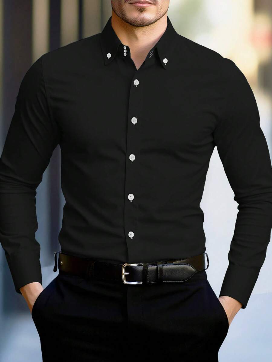Manfinity Mode 男士纯色前开襟长袖休闲衬衫 商务休闲男士衬衫 男士高档衬衫 男士黑色正装衬衫 - 黑色 - 查看 1