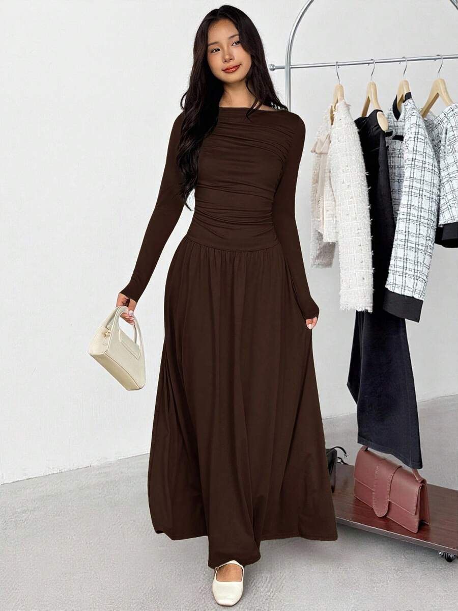 SHEIN Teen Girl Casual Minimalist Comfortable Long Sleeve Cinched Waist Mid-Length Dress - Brown - View 1