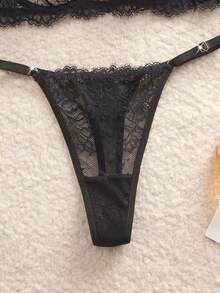 SHEIN Floral Lace Underwire Sexy Bra & Panty Lingerie Set - Black - View 3