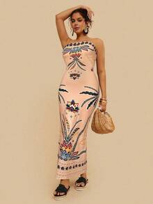 Travachic 大码女士热带印花无肩带连衣裙，弹力针织长裙，适合夏季度假 - 杏色 - 查看 4