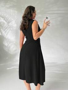 Firerie 女士优雅简约精致浪漫甜美日常通勤婚礼派对音乐节度假褶皱A字迷你连衣裙，红色吊带 - 黑色 - 查看 2