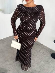 Firerie Vestido largo con espalda descubierta y dobladillo de cola de pez con lunares de café para mujer de talla grande, vestido de lunares blancos sobre base de café, vestido de malla elástica con forro, elegante para uso diario, viajes, fiestas, adecuado para primavera, otoño, invierno, elegante, viajes, citas, fiestas, bodas, graduaciones, actuaciones, conciertos, trabajo, reuniones anuales, vestido de cumpleaños para mujer - Café integral - Ver 6