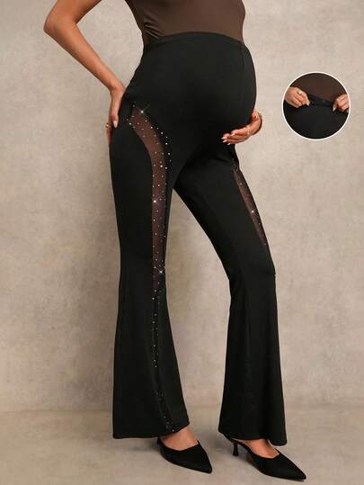 MaterniChic Maternity High Waist Mesh Patchwork Slim Fit Flare Pants  Party